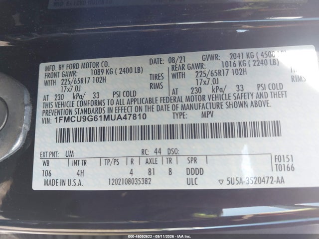 46092622 :رقم المزاد ، 1FMCU9G61MUA47810 vin ، 2021 Ford Escape Se مزاد بيع