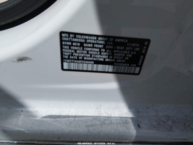 46092625 :رقم المزاد ، 1VWCT7A34FC049406 vin ، 2015 Volkswagen Passat 1.8t Sel Premium مزاد بيع