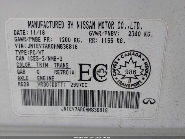 Aukcja sprzedaży 2017 Infiniti Q50 3.0t Premium/3.0t Signature Edition/3.0t Sport, vin: JN1EV7AR0HM836816, numer aukcji: 46092631