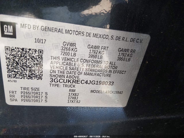 Aukcja sprzedaży 2018 Chevrolet Silverado 1500 1lt, vin: 3GCUKREC4JG198033, numer aukcji: 46092637