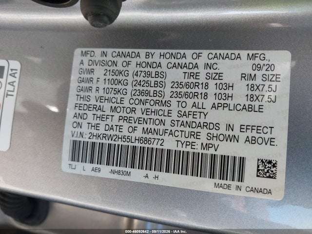 46092642 :رقم المزاد ، 2HKRW2H55LH686772 vin ، 2020 Honda Cr-v Awd Ex مزاد بيع