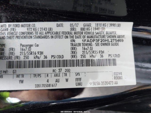 2017 Ford Focus Se მანქანა იყიდება აუქციონზე, vin: 1FADP3F20HL275469, აუქციონის ნომერი: 46092644