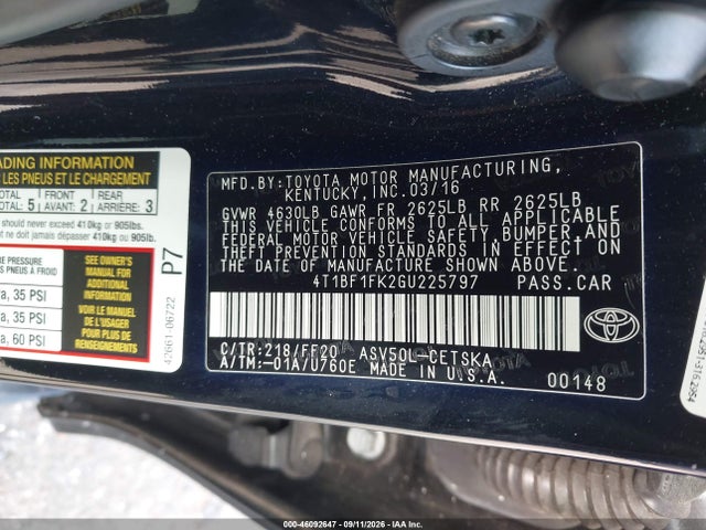 2016 Toyota Camry Se მანქანა იყიდება აუქციონზე, vin: 4T1BF1FK2GU225797, აუქციონის ნომერი: 46092647