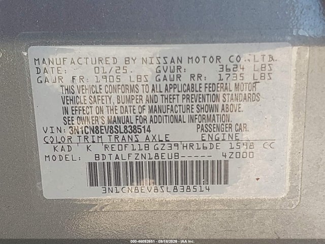 Продажа на аукционе авто 2025 Nissan Versa 1.6 Sv, vin: 3N1CN8EV8SL838514, номер лота: 46092651