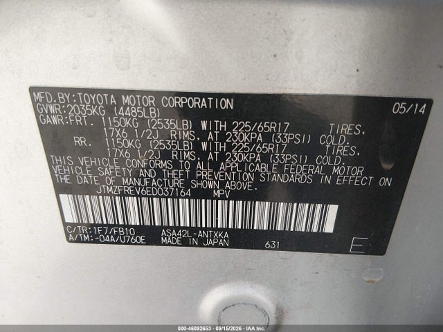 Aukcja sprzedaży 2014 Toyota Rav4 Le, vin: JTMZFREV6ED037164, numer aukcji: 46092653
