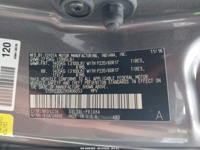 Продаж на аукціоні авто 2017 Toyota Sienna Xle 8 Passenger, vin: 5TDYZ3DC7HS806053, номер лоту: 46092660