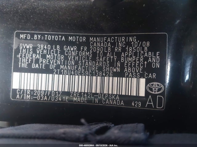 46092664 :رقم المزاد ، 2T1BU40E59C138426 vin ، 2009 Toyota Corolla S مزاد بيع