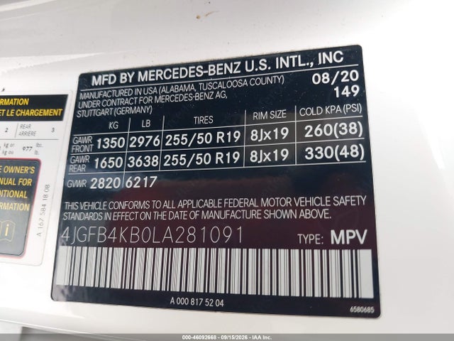 Продаж на аукціоні авто 2020 Mercedes-benz Gle 350 4matic, vin: 4JGFB4KB0LA281091, номер лоту: 46092668