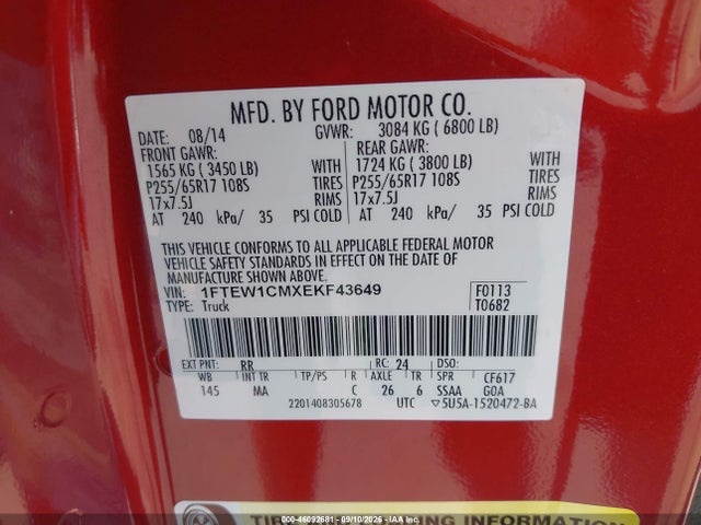 46092681 :رقم المزاد ، 1FTEW1CMXEKF43649 vin ، 2014 Ford F-150 Xlt مزاد بيع