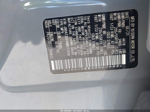 46092692 :رقم المزاد ، JN8AT3DD4MW312436 vin ، 2021 Nissan Rogue Platinum Intelligent Awd مزاد بيع