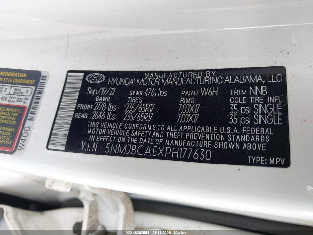 Aukcja sprzedaży 2023 Hyundai Tucson Sel, vin: 5NMJBCAEXPH177630, numer aukcji: 46092694