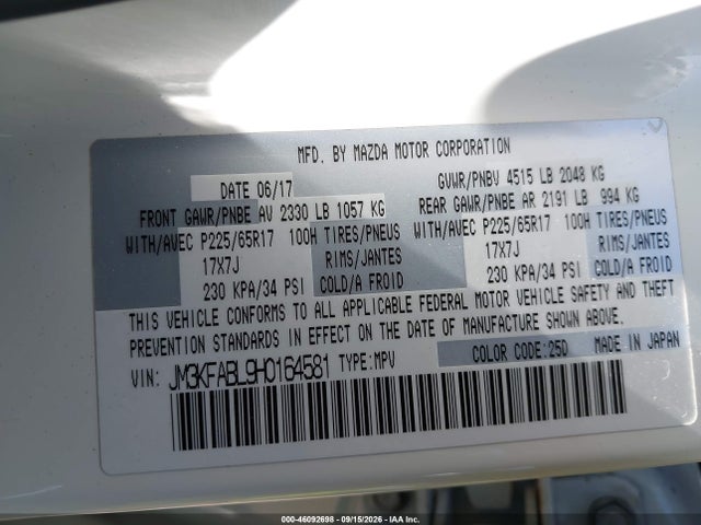 46092698 :رقم المزاد ، JM3KFABL9H0164581 vin ، 2017 Mazda Cx-5 Sport مزاد بيع