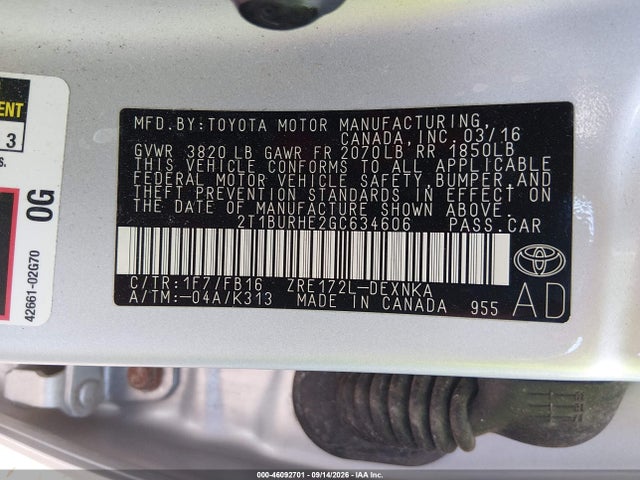 Aukcja sprzedaży 2016 Toyota Corolla Le, vin: 2T1BURHE2GC634606, numer aukcji: 46092701