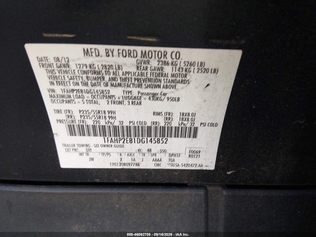 46092708 :رقم المزاد ، 1FAHP2E81DG145852 vin ، 2013 Ford Taurus Sel مزاد بيع