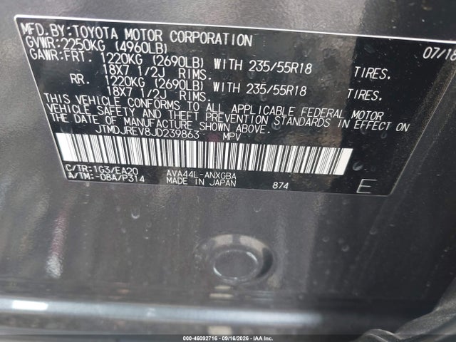 Aukcja sprzedaży 2018 Toyota Rav4 Hybrid Limited, vin: JTMDJREV8JD239863, numer aukcji: 46092716