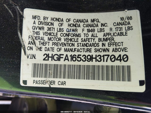 Aukcja sprzedaży 2009 Honda Civic Lx, vin: 2HGFA16539H317040, numer aukcji: 46092717