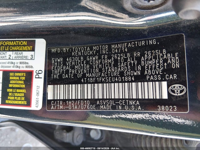 2014 Toyota Camry Le მანქანა იყიდება აუქციონზე, vin: 4T1BF1FK5EU401884, აუქციონის ნომერი: 46092718