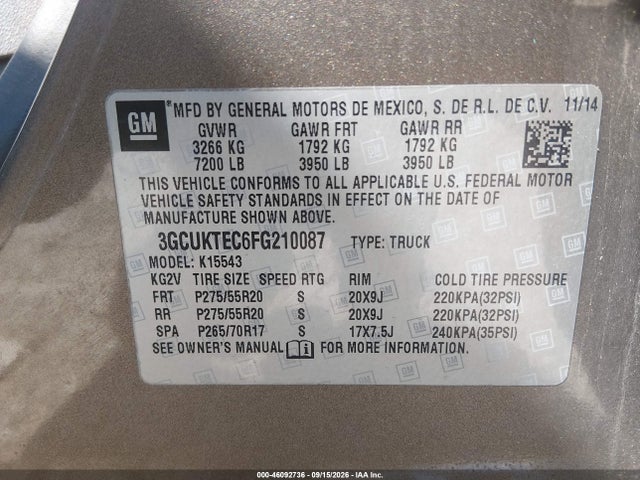 Aukcja sprzedaży 2015 Chevrolet Silverado 1500 High Country, vin: 3GCUKTEC6FG210087, numer aukcji: 46092736