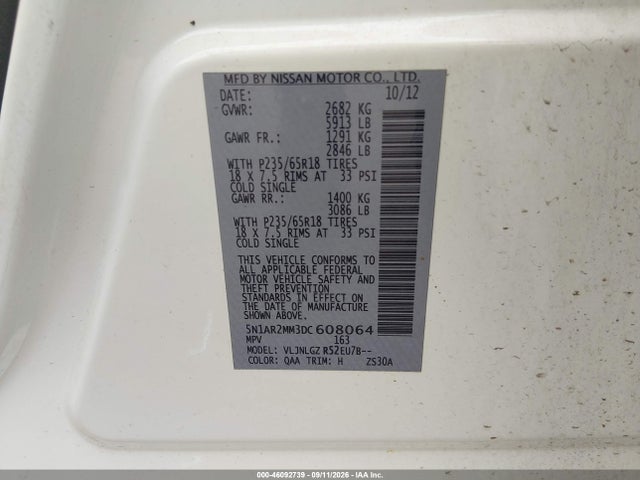 46092739 :رقم المزاد ، 5N1AR2MM3DC608064 vin ، 2013 Nissan Pathfinder Sl مزاد بيع