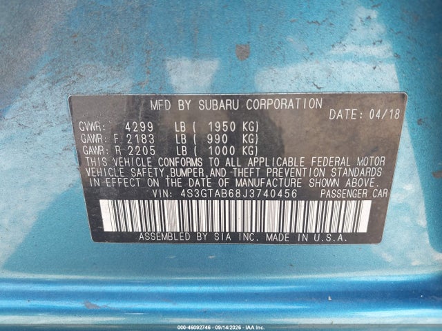 46092746 :رقم المزاد ، 4S3GTAB68J3740456 vin ، 2018 Subaru Impreza 2.0i Premium مزاد بيع