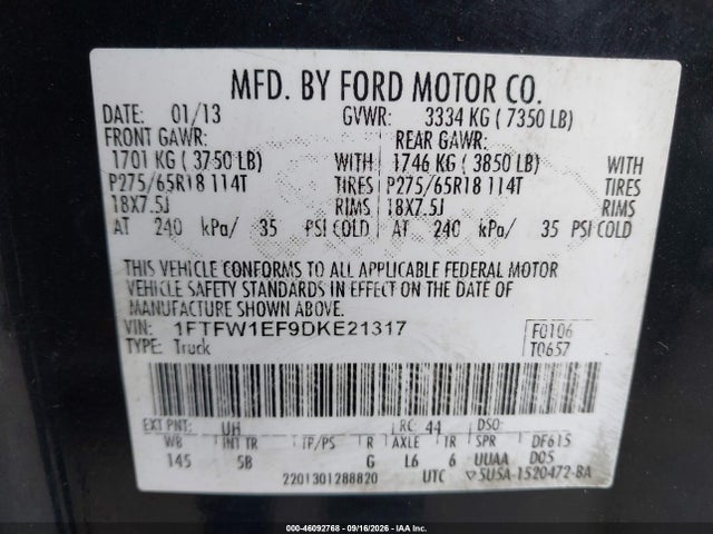46092768 :رقم المزاد ، 1FTFW1EF9DKE21317 vin ، 2013 Ford F-150 Fx4 مزاد بيع