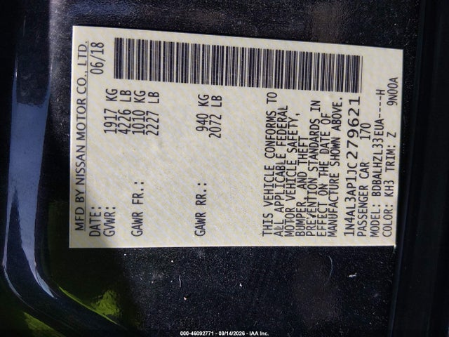 Aukcja sprzedaży 2018 Nissan Altima 2.5 Sr, vin: 1N4AL3AP1JC279621, numer aukcji: 46092771