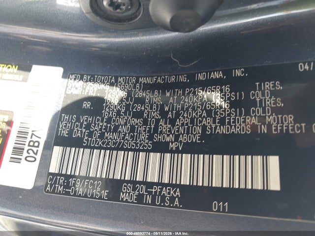 Aukcja sprzedaży 2007 Toyota Sienna Le, vin: 5TDZK23C77S053255, numer aukcji: 46092774