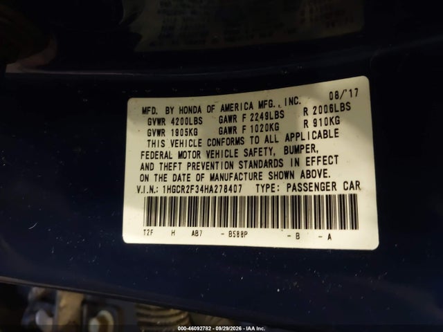 Продаж на аукціоні авто 2017 Honda Accord Lx, vin: 1HGCR2F34HA278407, номер лоту: 46092782