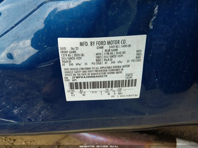 2022 Ford Edge St-line მანქანა იყიდება აუქციონზე, vin: 2FMPK4J90NBA69270, აუქციონის ნომერი: 46092789