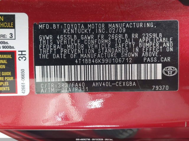 Продажа на аукционе авто 2009 Toyota Camry Hybrid, vin: 4T1BB46K99U106712, номер лота: 46092796