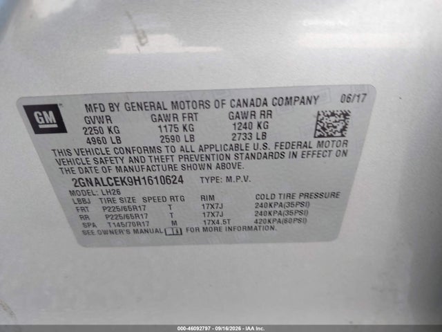 Продажа на аукционе авто 2017 Chevrolet Equinox Lt, vin: 2GNALCEK9H1610624, номер лота: 46092797