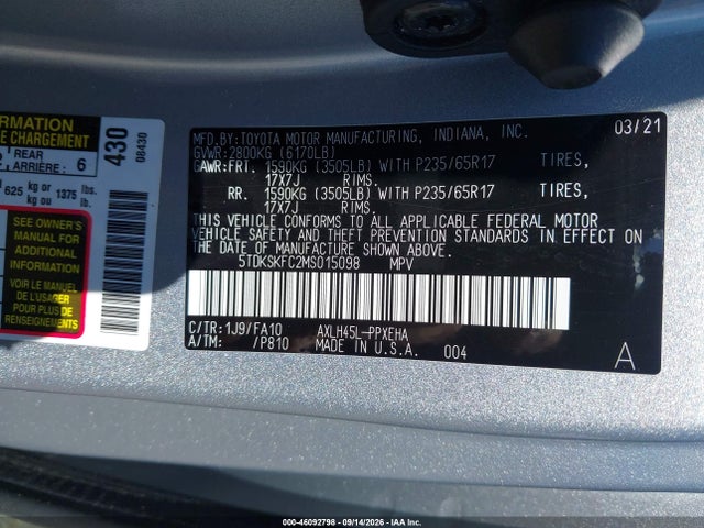 2021 Toyota Sienna Le მანქანა იყიდება აუქციონზე, vin: 5TDKSKFC2MS015098, აუქციონის ნომერი: 46092798