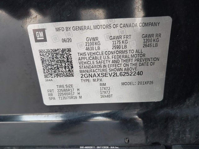 2020 Chevrolet Equinox Awd Ls მანქანა იყიდება აუქციონზე, vin: 2GNAXSEV2L6252240, აუქციონის ნომერი: 46092811