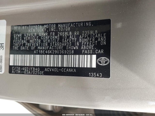 Aukcja sprzedaży 2009 Toyota Camry, vin: 4T1BE46K29U369258, numer aukcji: 46092829