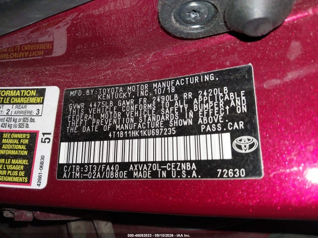 46092833 :رقم المزاد ، 4T1B11HK1KU697235 vin ، 2019 Toyota Camry Le مزاد بيع