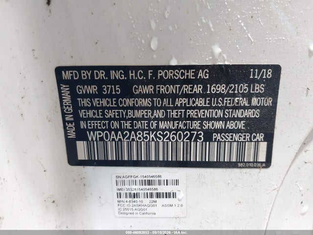 46092853 :رقم المزاد ، WP0AA2A85KS260273 vin ، 2019 Porsche 718 Cayman مزاد بيع