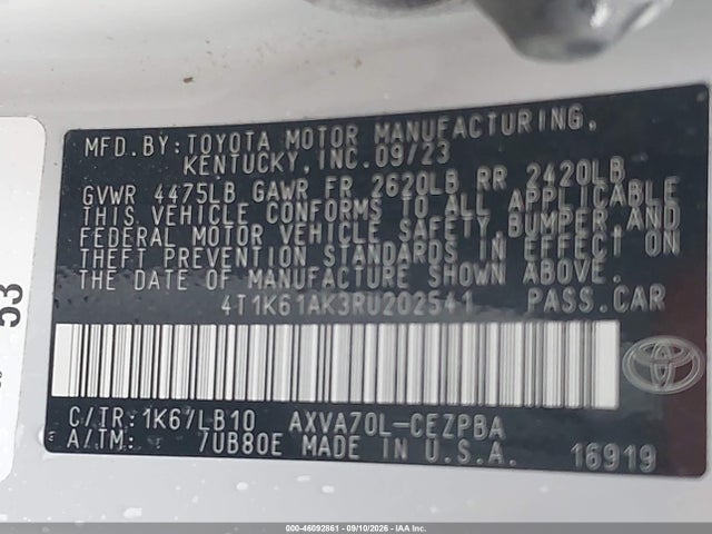 2024 Toyota Camry Xse მანქანა იყიდება აუქციონზე, vin: 4T1K61AK3RU202541, აუქციონის ნომერი: 46092861