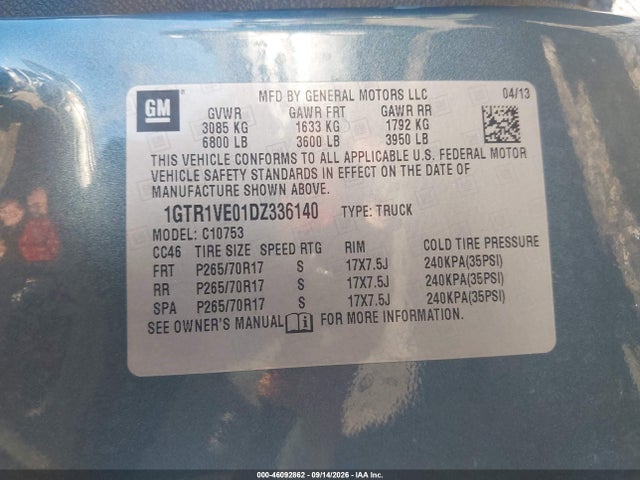 46092862 :رقم المزاد ، 1GTR1VE01DZ336140 vin ، 2013 Gmc Sierra 1500 Sle مزاد بيع