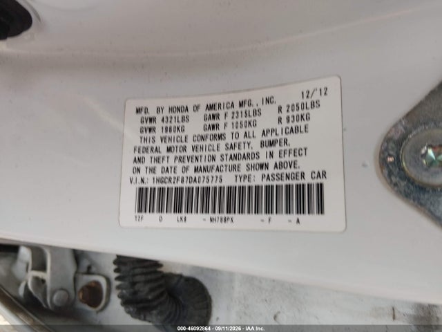 Aukcja sprzedaży 2013 Honda Accord Ex-l, vin: 1HGCR2F87DA075775, numer aukcji: 46092864