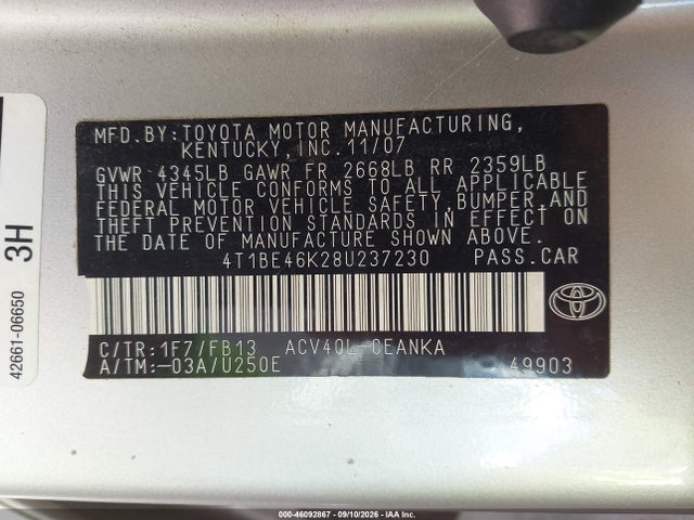 46092867 :رقم المزاد ، 4T1BE46K28U237230 vin ، 2008 Toyota Camry Le مزاد بيع