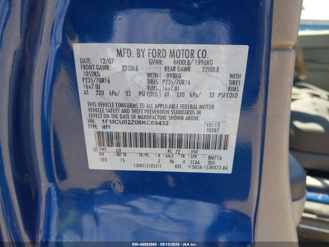 46092868 :رقم المزاد ، 1FMCU02Z08KC69432 vin ، 2008 Ford Escape Xls/xls Manual مزاد بيع