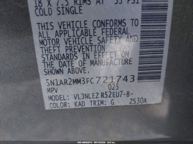 Aukcja sprzedaży 2015 Nissan Pathfinder Sv, vin: 5N1AR2MM3FC721743, numer aukcji: 46092875