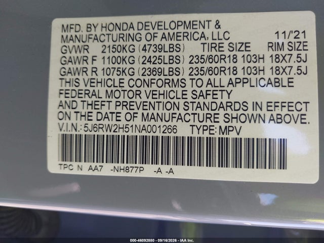 46092880 :رقم المزاد ، 5J6RW2H51NA001266 vin ، 2022 Honda Cr-v Awd Ex مزاد بيع