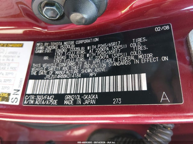 Aukcja sprzedaży 2008 Toyota 4runner Sr5 V6, vin: JTEZU14R88K014184, numer aukcji: 46092893