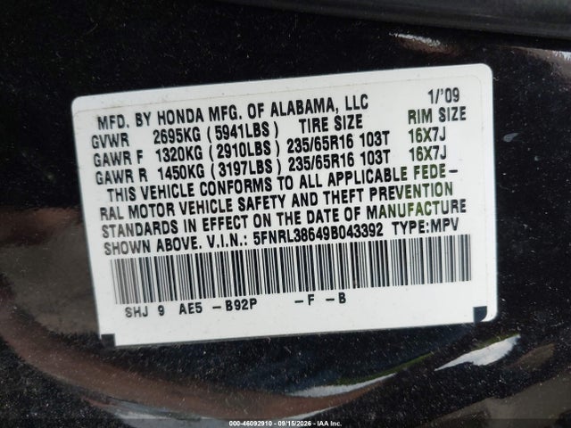 Aukcja sprzedaży 2009 Honda Odyssey Ex-l, vin: 5FNRL38649B043392, numer aukcji: 46092910