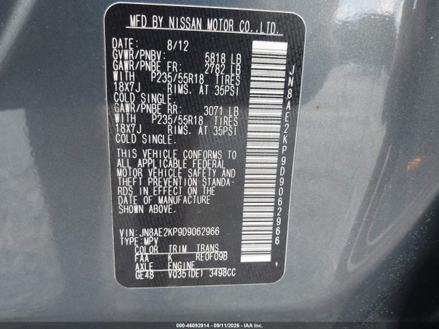 Продажа на аукционе авто 2013 Nissan Quest Le, vin: JN8AE2KP9D9062966, номер лота: 46092914