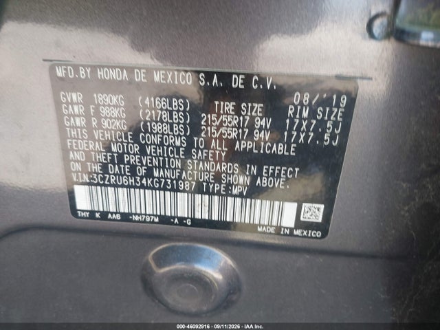 Aukcja sprzedaży 2019 Honda Hr-v Lx, vin: 3CZRU6H34KG731987, numer aukcji: 46092916