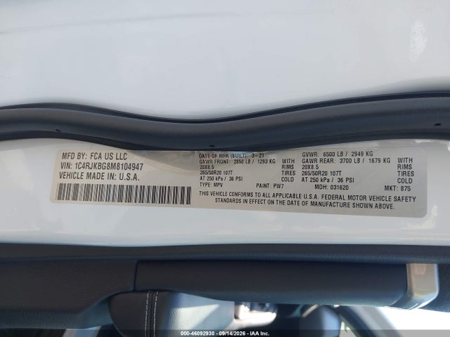 Продажа на аукционе авто 2021 Jeep Grand Cherokee L Limited 4x4, vin: 1C4RJKBG8M8104947, номер лота: 46092930