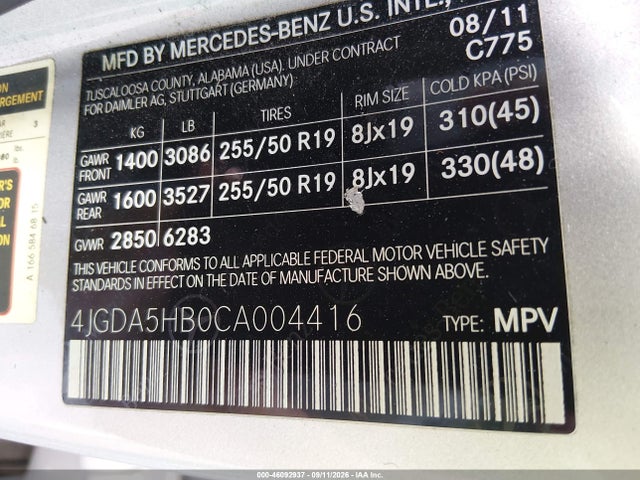 Продаж на аукціоні авто 2012 Mercedes-benz Ml 350 4matic, vin: 4JGDA5HB0CA004416, номер лоту: 46092937
