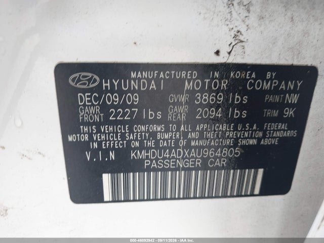46092942 :رقم المزاد ، KMHDU4ADXAU964805 vin ، 2010 Hyundai Elantra Gls مزاد بيع